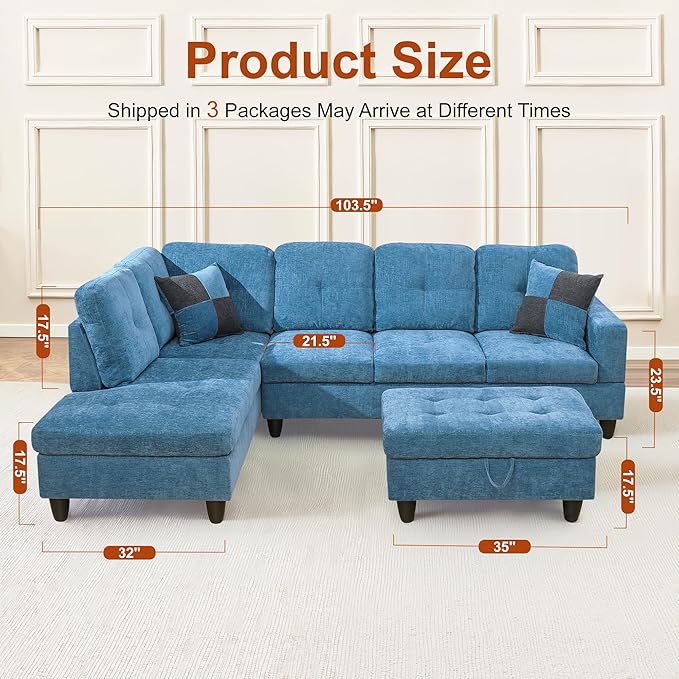 Osparple L Shaped Couch Sectional Couches for Living Room Upholstered Flannel 3 Pieces Modular Sectional Sofa with Chaise, Ottoman with Storage for Living Room and Small Apartment, Steel Blue