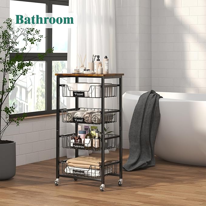 Kitchen Storage Cart with Wheels, 5-Tier Metal Utility Rolling Cart Fruit Vegetable Storage Basket Pantry Rack with Wood Top & Pull Out Baskets for Kitchen, Livingroom, Diningroom, Office
