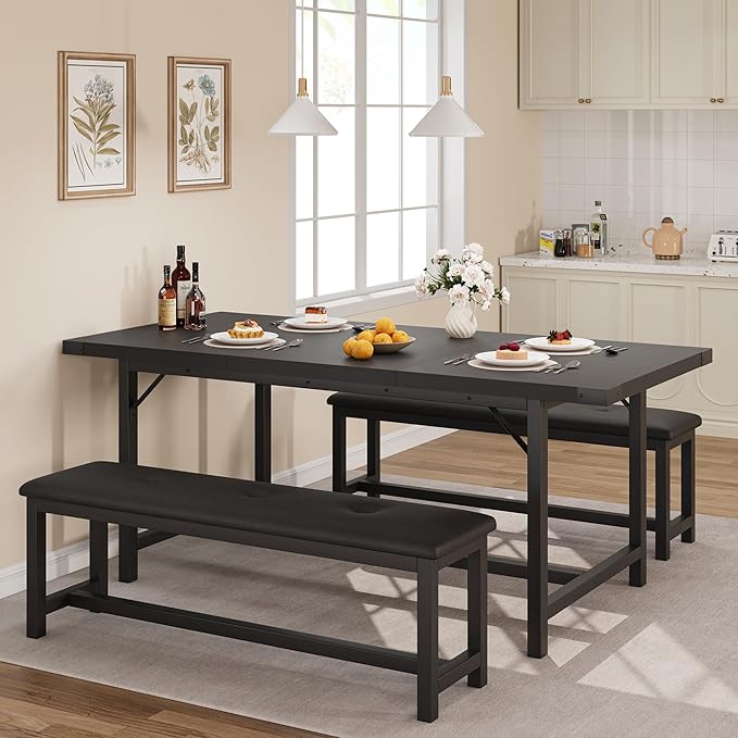 Dining Table Set for 4-6, 63“ Large Extendable Kitchen Table Set, Wood Rectangle Kitchen Table with 2 Soft Benches for Small Space, Apartment, Dinner,Black
