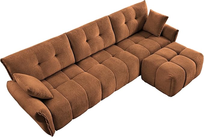 Modern Chenille Fabric 3-Seat Sofa w/Ottoman+2 Pillows, Premium Upholstery Living Room Couch with Tufted Backrest & Comfortable Armrests and High-Resilience Memory Foam Cushions,Orange