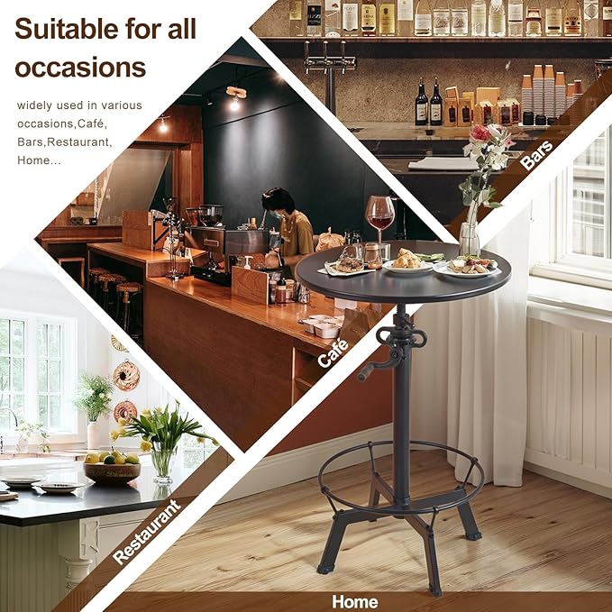 LOKKHAN Industrial Bar Table-33.5-39.4 Inch Tall-Adjustable Bar Height Pub Table-23.7 Inch Swivel Round Metal Top-Easily Adjusts by Crank Handle, Black