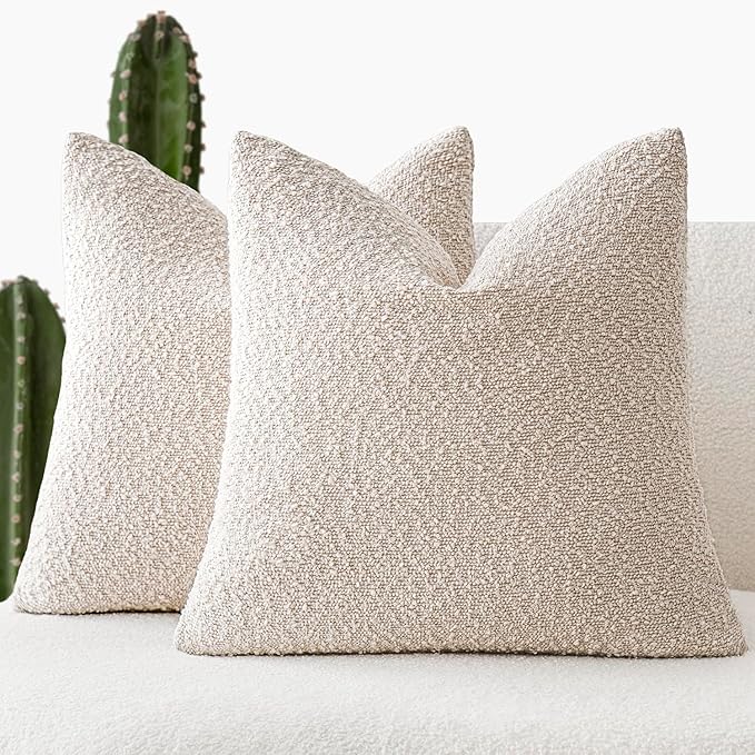 Foindtower Set of 2, Decorative Textured Boucle Throw Pillow Covers Accent Solid Pillow Cases Neutral Cozy Couch Cushion Case for Chair Sofa Bedroom Living Room Home Decor 26 x 26 Inch Ivory Beige