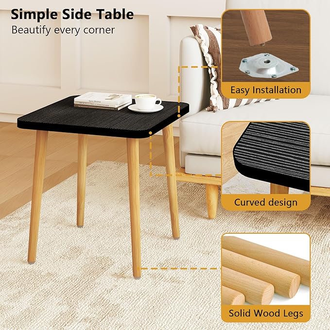 Simple End Table,Modern Side Table with 4 Solid Wood Sturdy Legs for Living Room,Nightstand Bedside Table for Bedroom Balcony (Black)