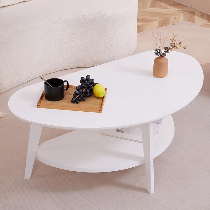 Mid-Century Modern Coffee Table for Living Room, 100% Solid Wood Oval Coffee Table, 2 Tier Wooden Coffee Tables for Home Office Livingroom, 40.2 x 22 Inches Easy Assemble (White)