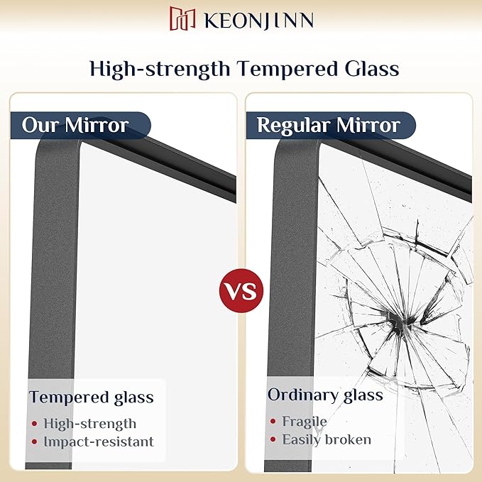 Keonjinn Black Framed Mirrors for Bathroom 48” x 40” Large Rounded Rectangle Wall Mirror, Matte Black Farmhouse Bathroom Vanity Mirror with Seamless Metal Frame, HD Tempered Glass(Horizontal/Vertical)