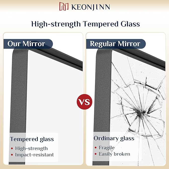 Keonjinn Black Bathroom Mirror for Over Sink, 48 x 24 Inch Large Rounded Rectangle Bathroom Vanity Mirror, Matte Black Farmhouse Wall Mirror, Tempered Glass, Seamless Aluminum Alloy Frame Full Mirror