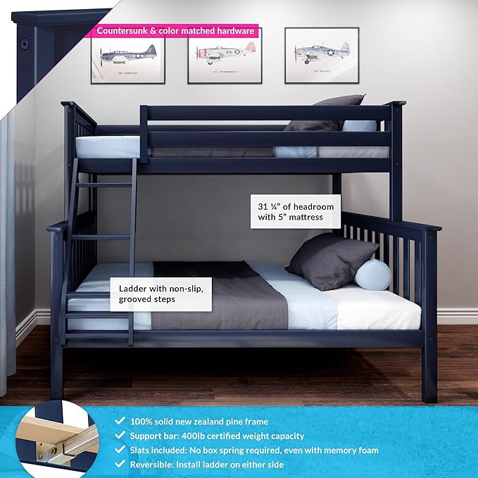 Max & Lily Bunk Bed Twin Over Full Size with Ladder, Solid Wood Platform Bed Frame with Ladder for Kids, 14" Safety Guardrails, Easy Assembly, No Box Spring Needed, Blue