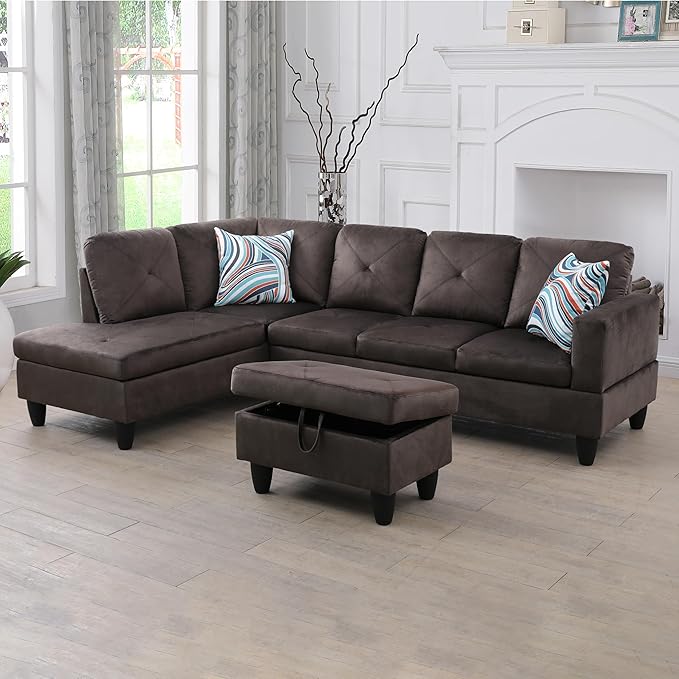 L Shaped Sectional Sofa with Ottoman, Microfiber Right Facing Modern Couches for Living Room, Bedroom, Office,Espresso