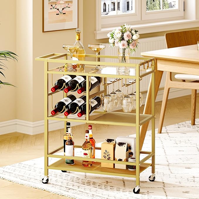 Bar Cart for Home, 3-Tier Serving Cart with Wheels and Handle, Beverage Cart with Wine Rack and Glass Holders, Rolling Wine Cart for Kitchen, Dining Room, Gold RCJ61B01