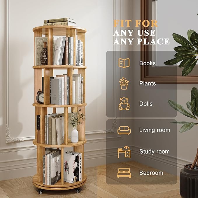 4-Tier Rotating Bookshelf, 360° Spinning Stackable Bookcase, Freestanding Bookshelf for Home Office Study Room Bedroom Living Room