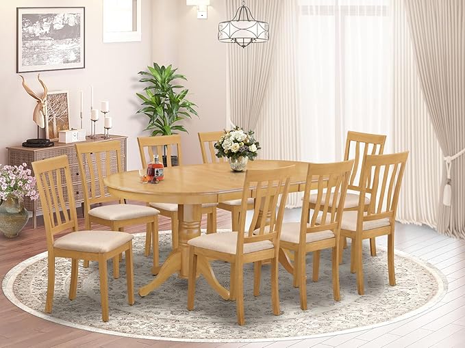 East West Furniture VAAN9-OAK-C 9 Piece Dining Table Set Includes an Oval Dining Room Table with Butterfly Leaf and 8 Linen Fabric Upholstered Chairs, 40x76 Inch, Oak
