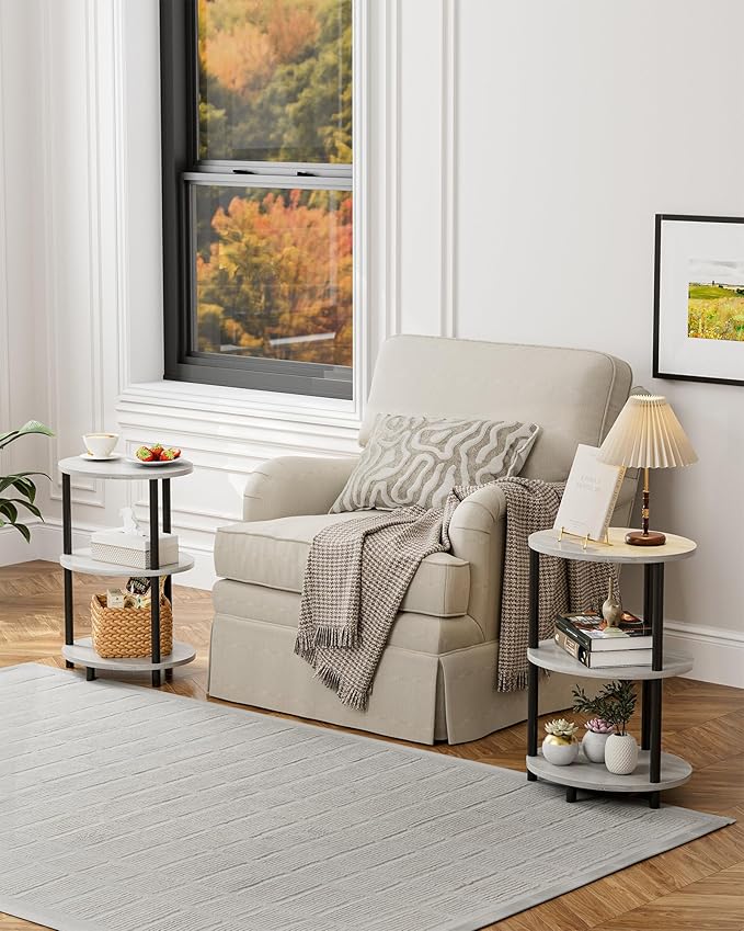 Small Round Side Table - 3-Tier Oval Accent Table for Small Spaces, Rustic Wood and Metal Couch End Table, Nightstand for Bedroom or End Table Living Room, Easy to Assemble, Greige