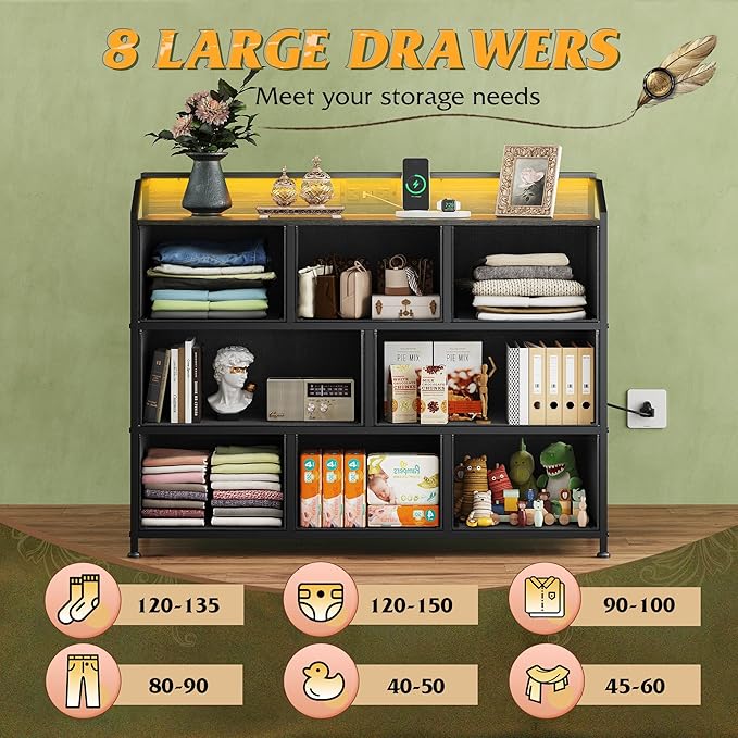 WLIVE Led Dresser for Bedroom, TV Stand for Bedroom with LED Lights and Power Outlet, Wide Chest of Drawers for Hallway, 8 Fabric Drawers for Living Room and Entryway, Charcoal Black Wood Grain Print