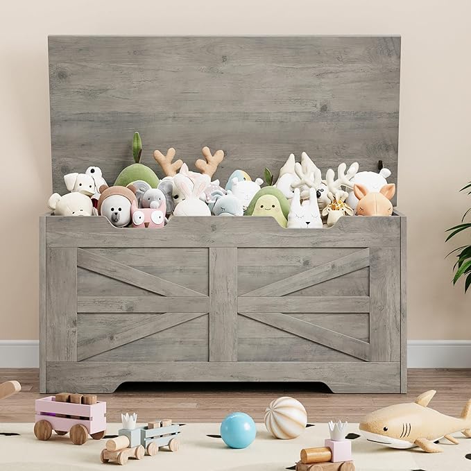 GarveeHome 39.4" Storage Chest, Toy Chest With Lids, Entryway Storage Bench with Safety Hinge, Wooden Storage Trunk, Supports 350 Lb, for Living Room, Bedroom,Gray