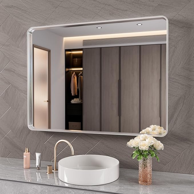 Brushed Nickel Bathroom Mirror 40x36 Inch, Brushed Silver Metal Frame Mirror Wall Mounted, Rounded Rectangle Bathroom Vanity Mirror, Tempered Glass, Anti-Rust, Horizontal/Vertical