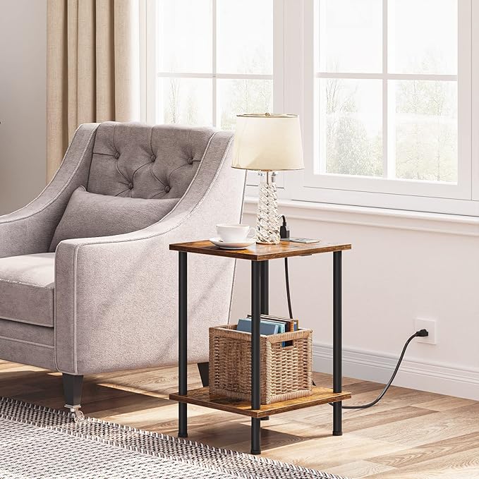 HOOBRO Side Table with Charging Station, Set of 2 End Tables with USB Port and Outlets, Nightstand with 2-Layer Storage Shelves for Small Spaces, Living Room, Bedroom, Rustic Brown BF09UBZP201