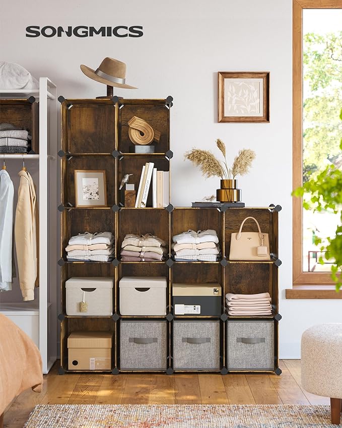 SONGMICS Cube Storage Organizer, Set of 16 Plastic Cubes, Closet Organizers and Storage, Room Organization, Bedroom Living Room, 12.2 x 48.4 x 48.4 Inches, Rustic Brown ULPC442A01