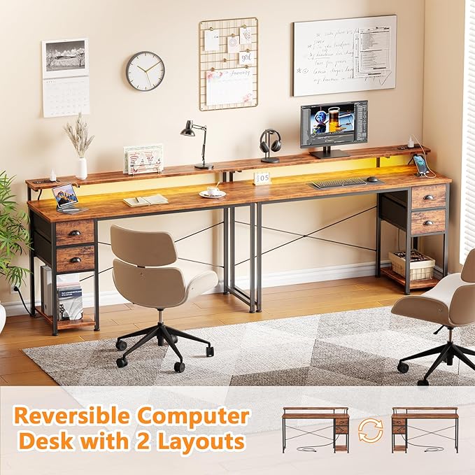 55 Inch Computer Desk with Power Outlets & LED Lights, Home Office Desk with Storage Drawers and Monitor Stand, Writing Work Study Desk for Bedroom Living Room