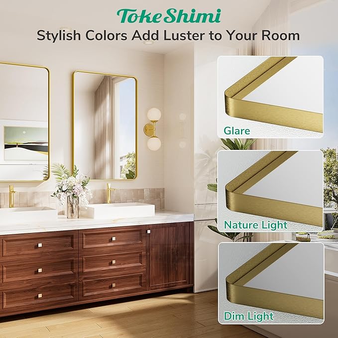 TokeShimi 48x36 Gold Bathroom Mirror for Over Sink,Tempered Glass,Rectangle Mirror for Bathroom,Large Bathroom Mirror for Vanity(Horizontal/Vertical)