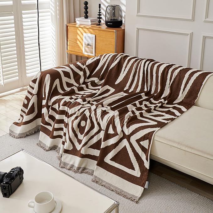 STACYPIK Reversible Boho Chocolate Sofa Cover Durable Couch Cover for 1 Cushion Couch Sofa Cover for Dogs Non Slip Jacquard Geometric Pet Armchair Cover with Tassels Sofa Protector Blanket-71X71IN