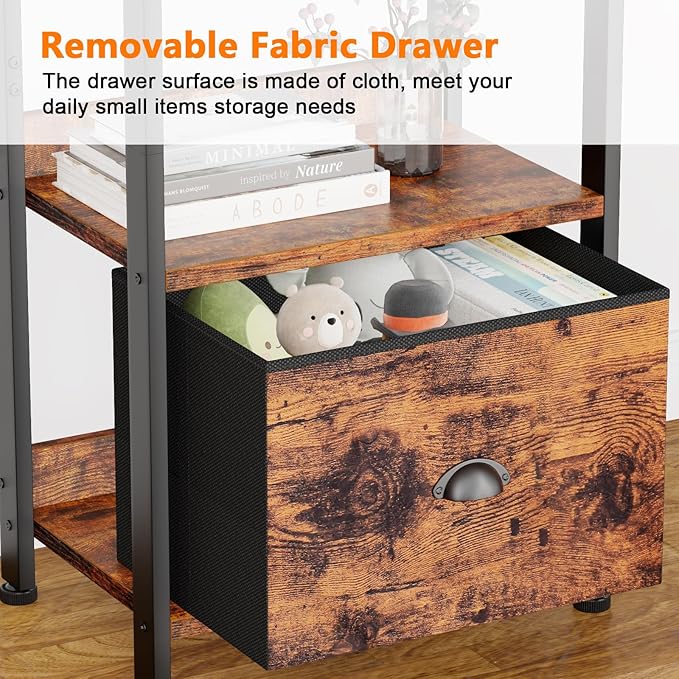 Furologee 3 Tier Bookshelf with Drawer, Small Bookcase with Shelves, Short Wood and Metal Bookshelf Storage Organizer, Industrial Freestanding Shelf Units for Bedroom, Living Room, Dorm, Rustic Brown