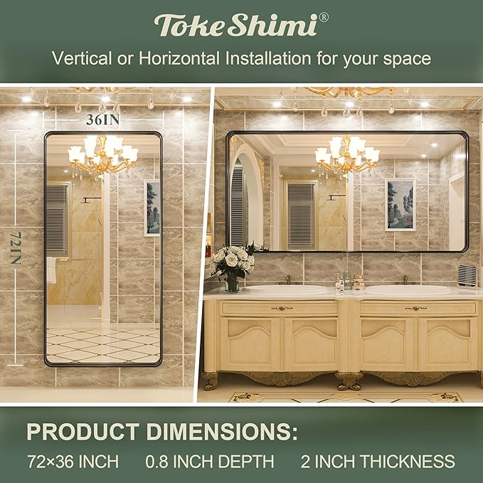TokeShimi 72x36 Inch Black Bathroom Mirror for Wall Vanity Mirror with Non-Rusting Aluminum Alloy Brushed Matte Metal Frame Soft Rounded Corner for Modern Farmhouse Home Decor (Horizontal/Vertical)