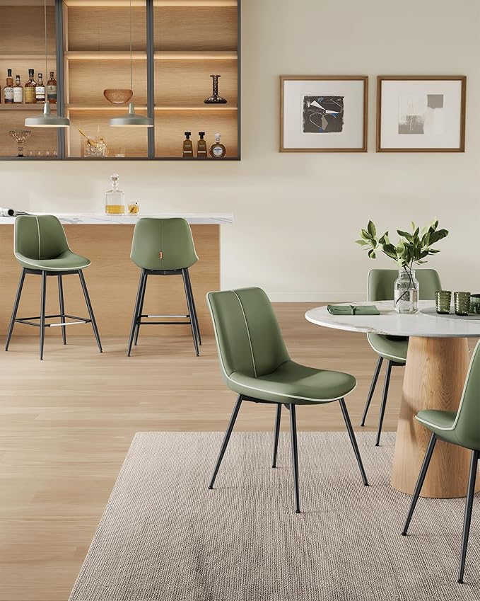 VASAGLE Bar Stools Set of 2, Counter Height Bar Stools with Back, Ergonomic Backrest, Synthetic Leather, Metal Legs, 24.4-Inch Tall Barstools for Kitchen Island Home Bar, Easy Assembly, Forest Green