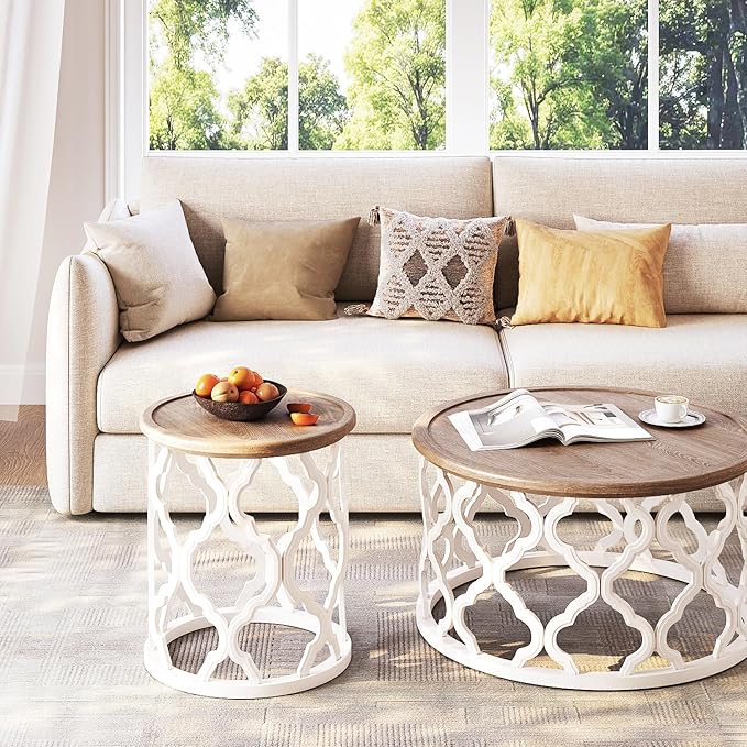Farmhouse End Table, 18.5'' French Country Round Side Table, Distressed Tray Top Wood Side Table with Curved Motif Frame Base for Boho, End Tables Living Room, Bedroom, Small Space, Easy Assembly