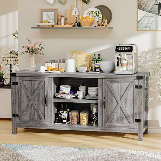 YESHOMY Farmhouse Buffet & Sideboard, 58" Kitchen Storage Cabinet with Adjustable Shelves & Doors, Wood Coffee Bar for Living Room, Entryway, Gray Washed