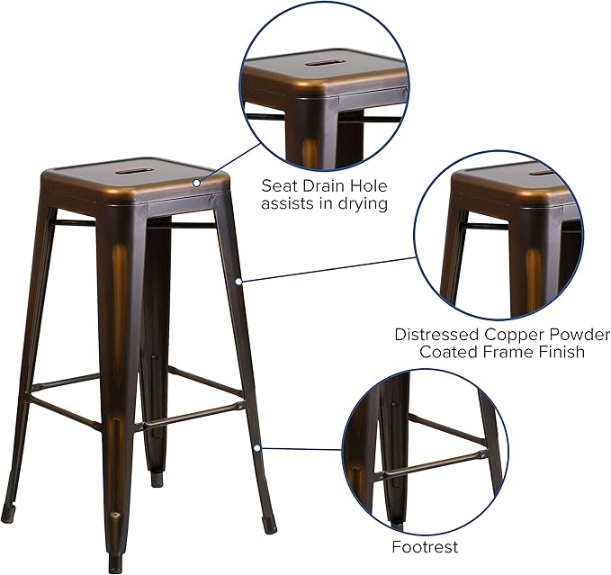 Flash Furniture Kai Commercial Grade 4 Pack 30" High Backless Distressed Copper Metal Indoor-Outdoor Barstool
