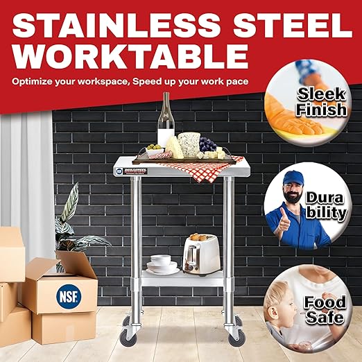 DuraSteel 24x12 NSF Stainless Steel Cart - Heavy Duty Rolling Food Prep Table with Undershelf - Metal Utility Cart for Commercial Restaurant Kitchen, Laundry, Side Mixer Stand