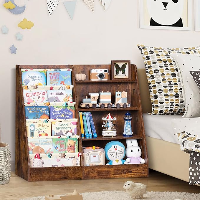 Lerliuo 4 Tier Kids Bookshelf and Storage Organizer, Five Layer Sling Children Bookcase, Baby Toddler Wooden Book Shelf, Display Cabinet for Playroom, Bedroom, Classroom, Nursery, School (Brown)