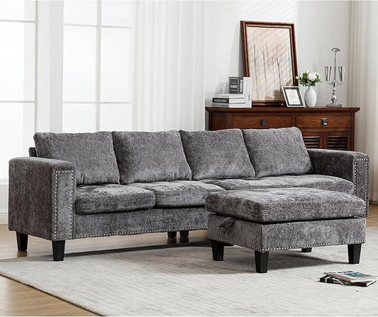 Ball & Cast 104.5" L Shaped Sectional Couch with Storage Ottoman, Chenille Upholstered 5 Seat Modular Sofa with Reversible Chaise for Living Room, Easy Assembly, Gray