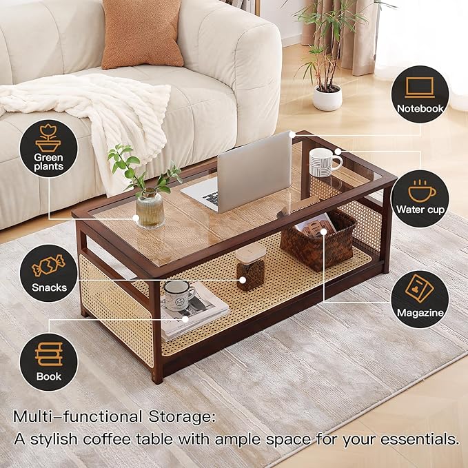 Welnow Rattan Coffee Table for Living Room, Modern 2-Tier Rectangle Center Table with Storage Shelf and Glass Top, Mid-Century Boho Furniture for Apartment, 47.5" Walnut