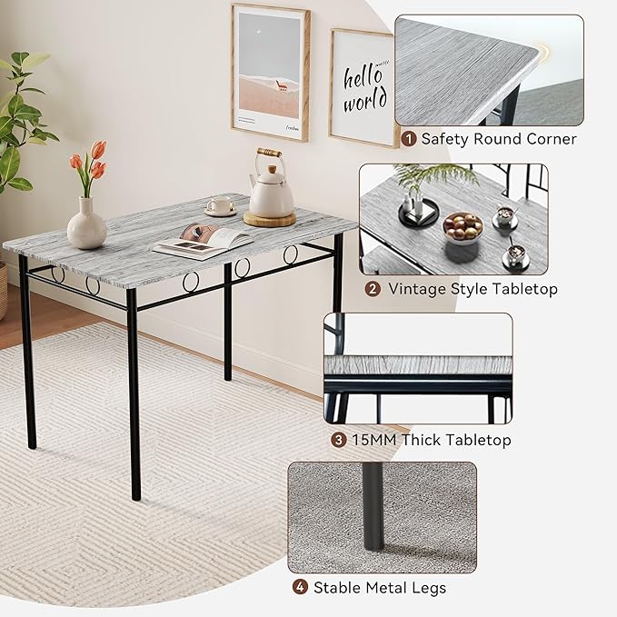 Vipbear Kitchen Dining Table Set for 4, 5-Piece Kitchen Table Set,Dining Room Table Sets,Rectangular Kitchen Table Set with 4 Chairs for Small Space, Dinette,Apartment,Rustic Grey
