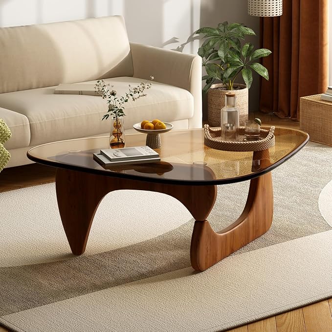 Glass Coffee Table for Living Room Mid Century Modern Triangle Center Table with Wooden Base, Brown/Walnut