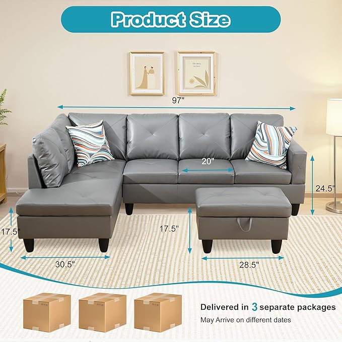 L Shaped Couch Faux Leather Sectional Couch Upholstered 3 Pieces Sofas for Living Room with Chaise, Storage Ottoman for Office and Small Apartment, Dark Grey