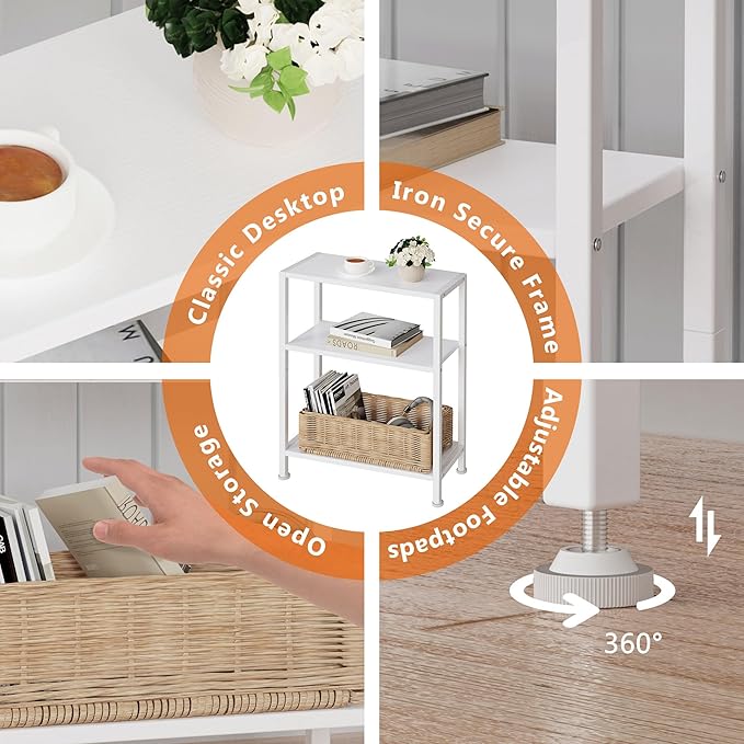 3-Tier Side Table, Small End Table, Sofa Side Table for Narrow Spaces, Slim End Table, Skinny Nightstand Table for Living Room Bedroom Office, White