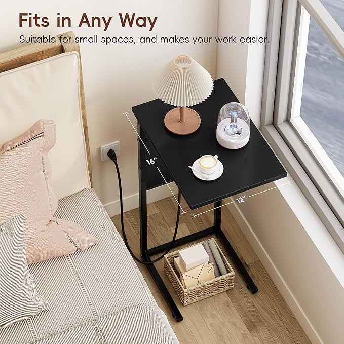 Vagusicc C Shaped End Table with Charging Station, Small Side Table for Couch, Couch Side Tables Recliner Desk, Slide Under Sofa Table TV Tray Arm C Tables for Living Room, Bedroom, Bedside, Black