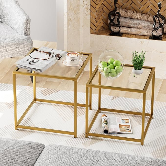 Garden 4 you Coffee Table Set of 2, Modern Patterned Glass Nesting Table, Metal Frame Square Center Table Set, Side Tables, Nesting Coffee Table for Living Room, Bedroom and Small Spaces, 19.7in Gold