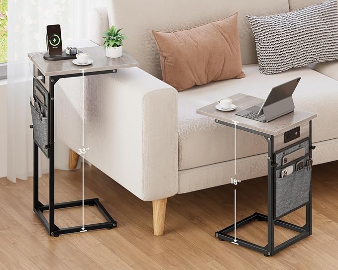 VAGUSICC C Shaped End Table with Charging Station, Adjustable Height Side Table for Couch Recliner, Small Sofa Table with Storage Bag, Slide Under Sofa TV Tray Arm Table for Living Room, Bedroom, Gray
