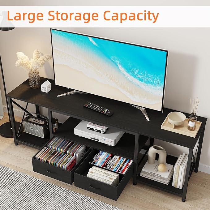 TV Stand with Fabric Drawers for 55 60 65 Inches TV - Entertainment Center and Industrial TV Console Table with Open Storage Shelves for Living Room, Bedroom - 55.1" Black