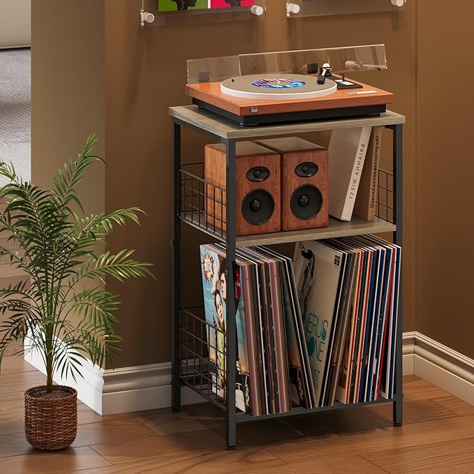 X-cosrack Record Player Stand with Storage Up to 100 Albums, 3 Tier Vinyl Record Storage for Living Room, Turntable Stand with Record Holder & Display Shelf(Patent Pending)(Greige & Black)