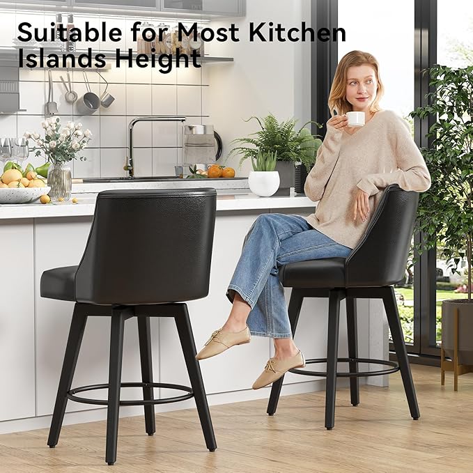 Vipbear Swivel Counter Height Bar Stools Set of 2,26.8" H Counter Stools with Back, Mid Century Modern Bar Stools for Kitchen Island,Faux Leather,Wooden Base, Black