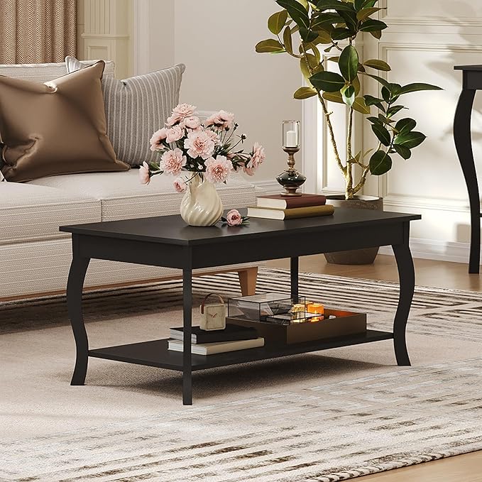 ChooChoo Coffee Table, Modern Center Table with Curved Legs and Storage Shelf, 39" Coffee Table for Living Room, Black