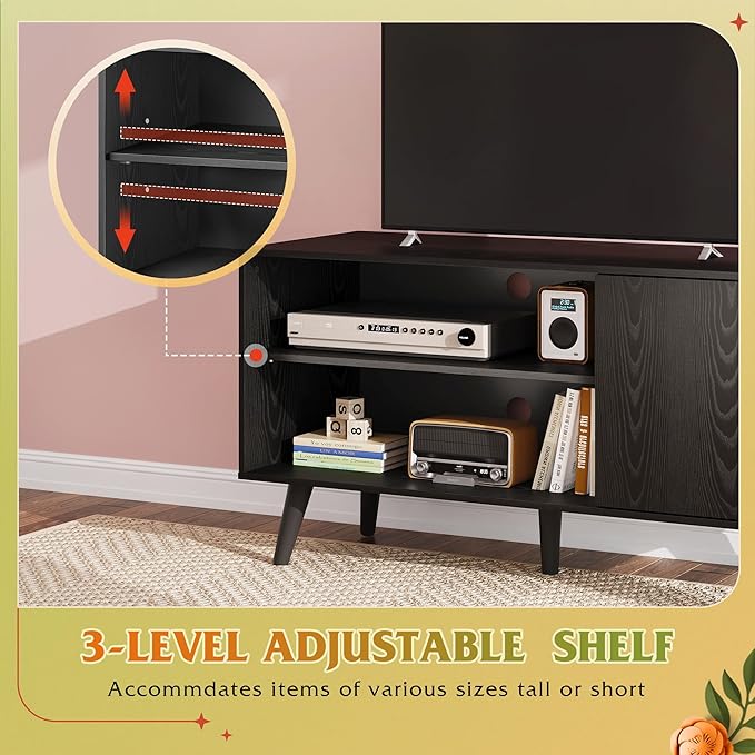 WLIVE TV Stand for 43 Inch TV, Small Entertainment Center with Storage Cabinet & Adjustable Shelves, Mid-Century Modern TV Stands for Living Room and Bedroom, 32" TV Console, Black