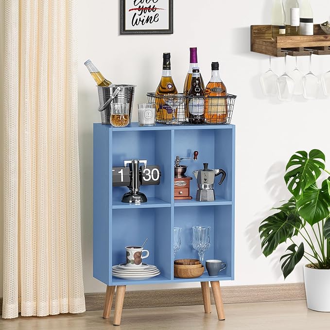 YAHARBO 4 Cube Bookshelf, Blue Small Kids Book Shelf with Cubby Storage,Wooden Modern Bookcase with Legs,2 Tier Freestanding Display Book Case Organizer,Bookshelves for Office,Nursery,Playroom
