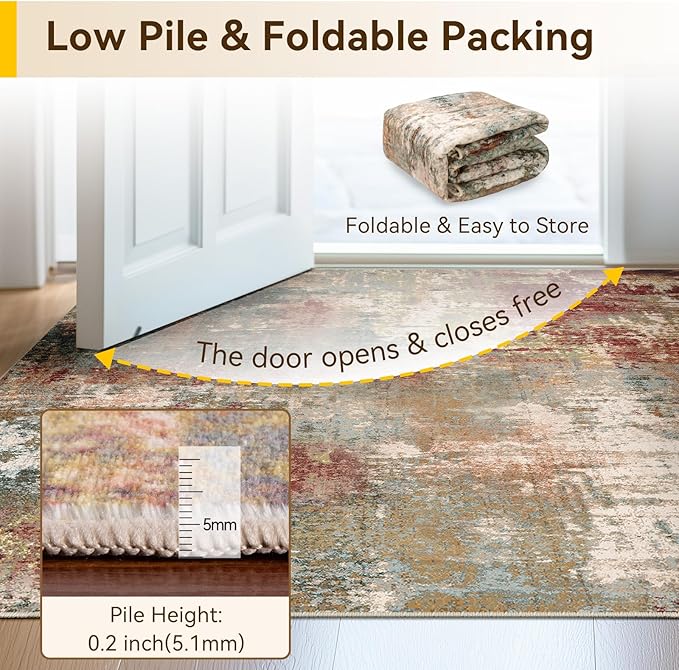 Washable Area Rugs 4ft Non-Slip Modern Abstract Soft for Living Room Entryway Bedroom Nursery, Print Pattern, Brown Rust Red Multi