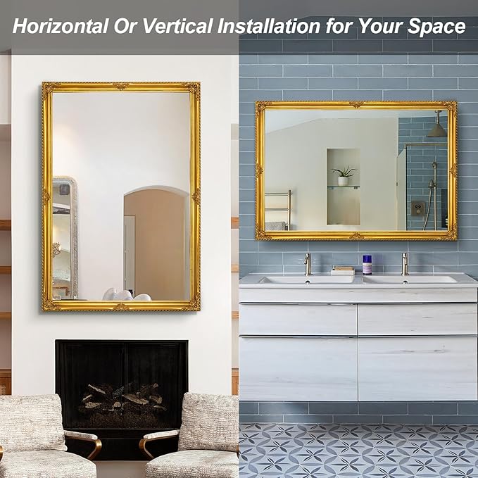 39" x 27" Large Vintage Mirror Wall Decor, Gold Ornate Decorative Wall Mirror with Elegant Victorian Wood Frame for Living Room Fireplace, Dining Room, Bathroom