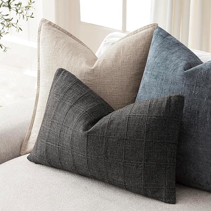 Foindtower Set of 2 Decorative Linen Check Throw Pillow Covers Neutral Farmhouse Lumbar Cushion Covers Modern Boho Home Decor for Sofa Chair Couch Bedroom Living Room Outdoor,12×20 Inch,Charcoal